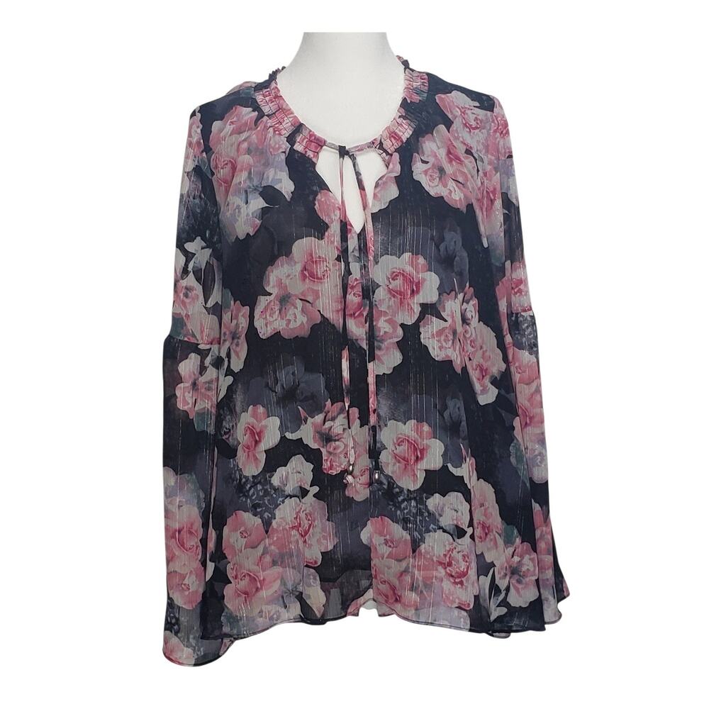 Jennifer Lopez Floral Bell Sleeve Blouse Top M Whimsigoth Boho Metallic Lurex